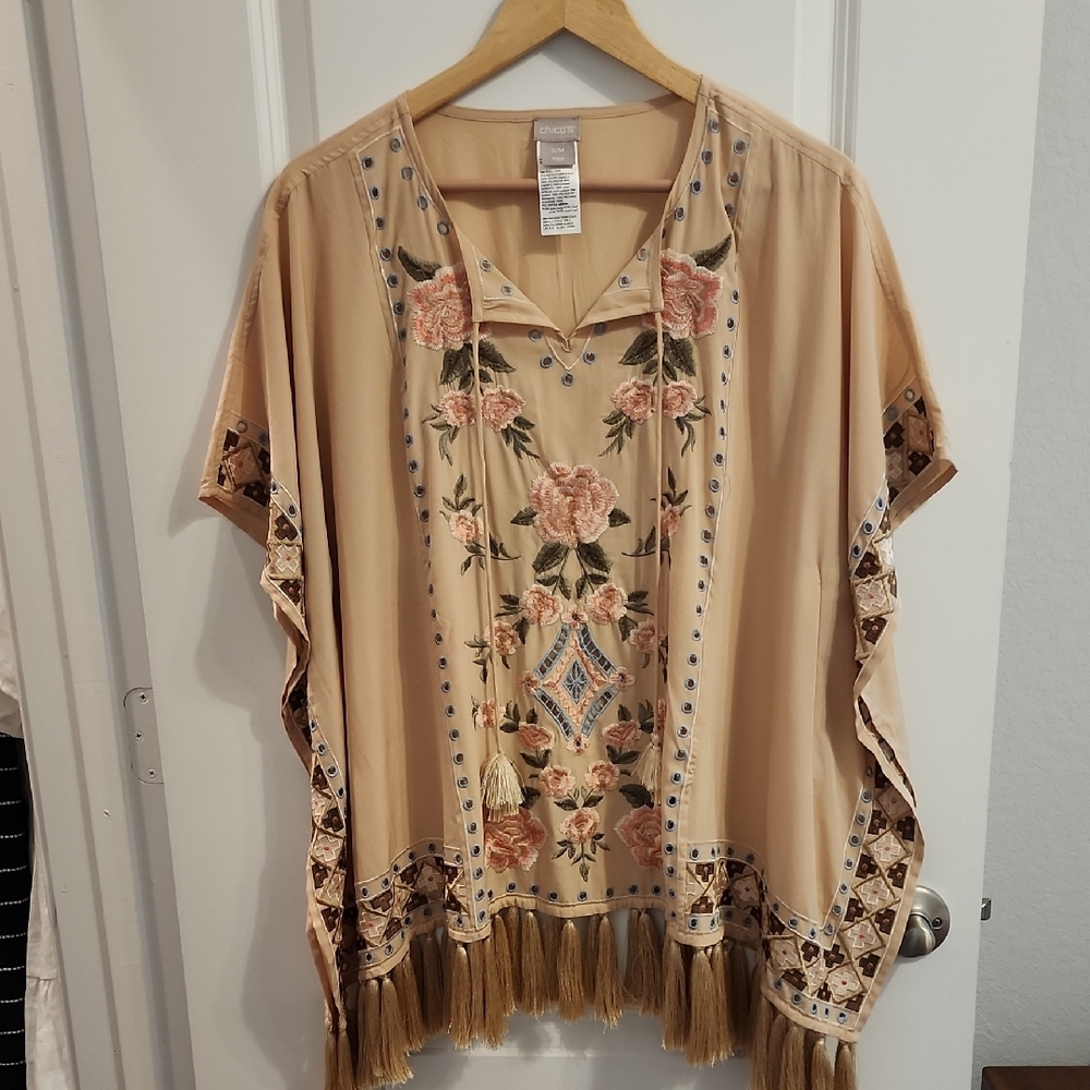Chico's Floral Embroidered Fringe Tunic - Beige with Pink Roses
